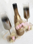 Сватбен златен комплект шампанско, чаши и украса за чаши K36