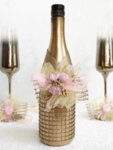 Сватбен златен комплект шампанско, чаши и украса за чаши K36