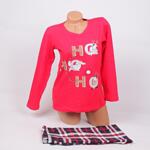 Червена коледна дамска пижама с кариран десен и надпис ХО-ХО-ХО