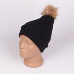 Черна дамска плетена шапка със светлокафяво пухче