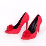 Високи стилни червени обувки с пухче