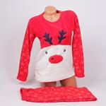 Коледна червена дамска поларена пижама с еленче и снежинки