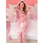 Розова дамска пижама-гащеризон със сърца и зайче
