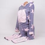 Сива дамска поларена пижама-гащеризон с розови звезди и качулка зайче