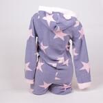 Сива дамска поларена пижама-гащеризон с розови звезди и качулка зайче