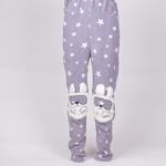 Сива поларена дамска пижама-гащеризон със звезди и коте