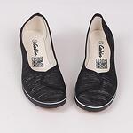 Черни платнени дамски обувки със сребрист акцент