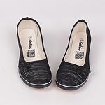 Черни платнени дамски обувки със сребрист акцент и панделка