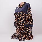 Плюшен макси халат в тъмносиньо с оранжеви орнаменти