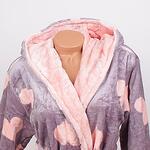 Сив дамски халат от софт с розови сърца и качулка