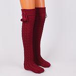Дамски 7/8 плетени чорапи с помпони в цвят бордо