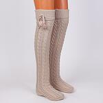 Фигурални бежови дамски 7/8 плетени чорапи с помпони