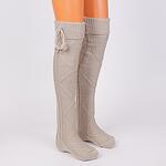 Дамски фигурални бежово-сиви  7/8 плетени чорапи с помпони