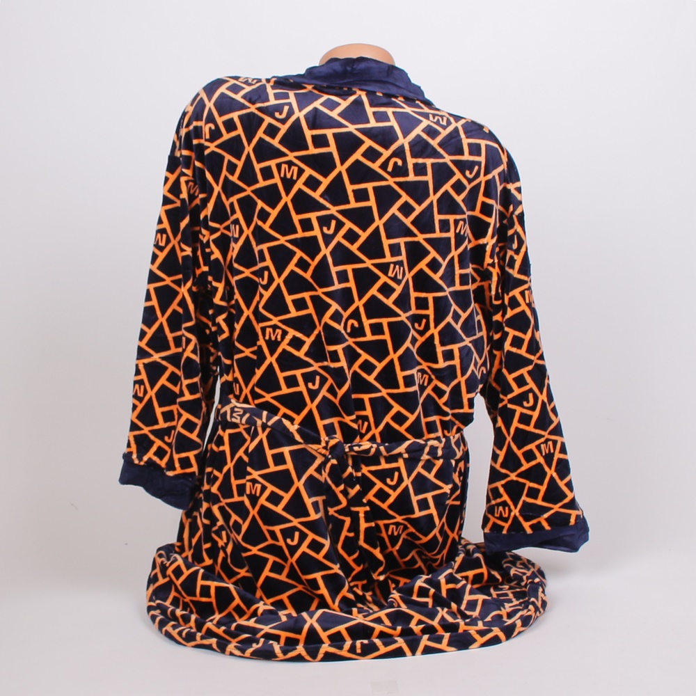 Плюшен тъмносин макси халат с оранжев геометричен принт