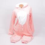Бебешко розова пухкава пижама-гащеризон с качулка зайче