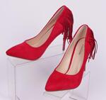 Велурени червени обувки с ток и ресни