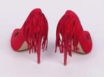 Велурени червени обувки с ток и ресни