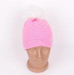 Бледо розова плетена шапка с пухкав бял помпон