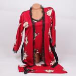 Дамска пижама от 3 части в червен цвят с рози