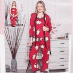 Дамска пижама от 3 части в червен цвят с рози