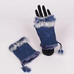 Дамски кожени ръкавици в тъмно син цвят с пухче без пръсти