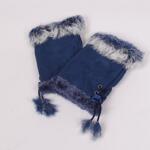 Дамски кожени ръкавици в тъмно син цвят с пухче без пръсти