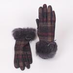 Дамски ръкавици в сив цвят на каре и пухче