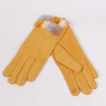 Дамски ръкавици с цветни пухчета в цвят горчица