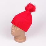 Зимна дамска шапка с камъчета и пухче в червен цвят