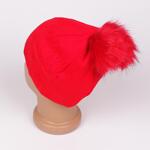 Зимна дамска шапка с камъчета и пухче в червен цвят