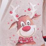 Коледна дамска пижама в бежов меланж и кариран панталон със забавно еленче