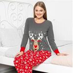 Коледна дамска пижама в графитено сив и червен цвят с щастливо еленче