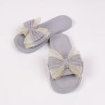 Летни дамски чехли в сив цвят с панделка