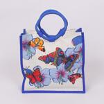 Лятна ленена чанта в синьо и бежово с цветя и пеперуди