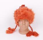 Плетена шапка с пух в оранжев цвят