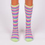Раирани 3/4 дамски чорапи от букле в зелен, син и цикламен цвят