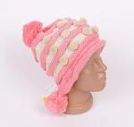 Розова плетена шапка с бежови меки топчета