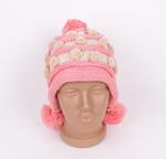 Розова плетена шапка с бежови меки топчета