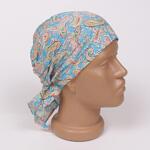 Светлосиня лятна кърпа за глава с цветни орнаменти