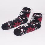 Тъмносини дамски пухкави чорапи с бели и червени коледни звезди