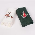 Хавлиени коледни кърпи в екрю и зелен цвят с елен и Дядо Коледа