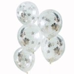 Латексови балони със сребърни конфети звезди - 5 броя