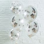 Латексови балони със сребърни конфети звезди - 5 броя