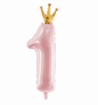 Балон Фолио Цифра 1 в розово със златна коронка - 90 х 30 см