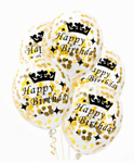 Балони Happy Birthday  с корона и златни конфети  - 5 броя