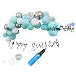 Арка от балони в синьо и сребро с банер Happy Birthday + помпа - 50 броя