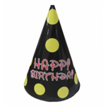 Парти шапки черна  с жълти точки - Happy Birthday - 6 броя