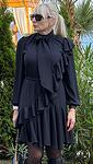 Дамска черна рокля с волани с панделка на врата от плътен шифон AGGATA