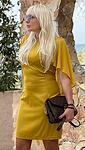 Дамска жълта елегантна сатенена  рокля с шлейф от шифон AGGATA