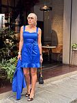 Къса синя дамска сатенирана памучна рокля с волан AGGATA